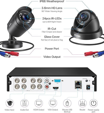 ZOSI 8CH 3K Lite Home Security Camera System with AI Human/Vehicle Detection,8-Channel Surveillance CCTV DVR,8pcs 1080p Weatherproof Outdoor Indoor Camera,Night Vision,Remote Access,No Hard Drive