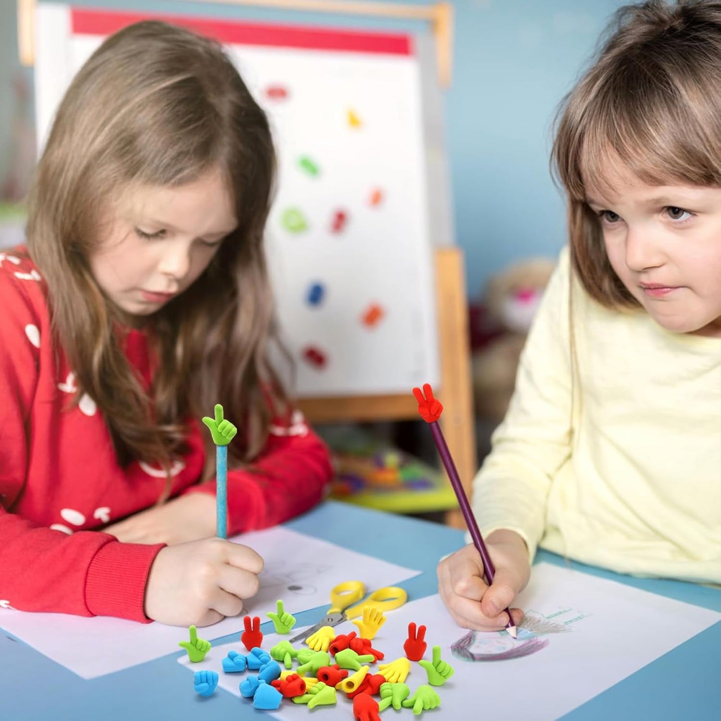 Frcctre 200 Pack Pencil Eraser Caps, Funny Rock Paper Scissors Shapes Pencil Top Erasers Studying Supplies for Teachers Students Classroom Home and Office, 4 Colors&Shapes