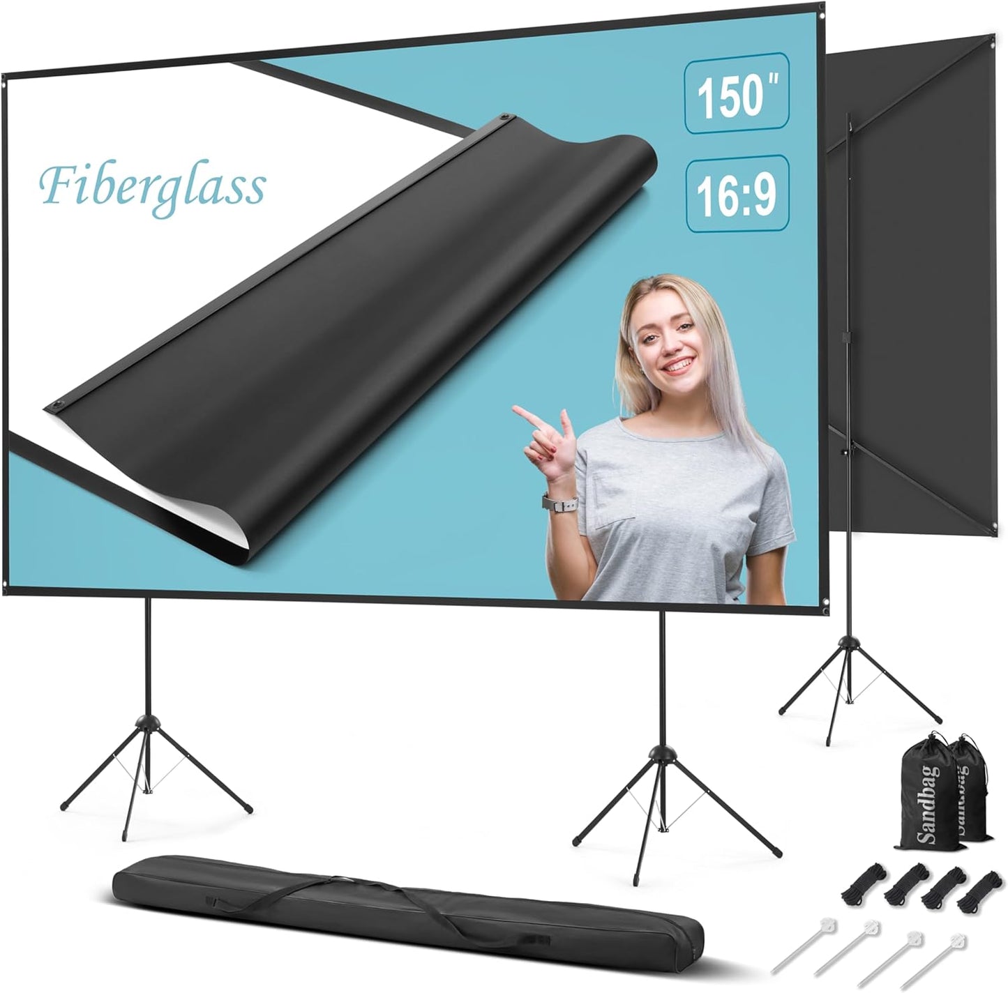 Outdoor Projector Screen with Stand 150 inch 16:9, Portable Projector Screen, 1.5 High Gain Fiberglass, Sturdy Backing, Wind-Resistant Movie Screen, Tripod/Wall Mounted, for Home Cinema/Backyard Party