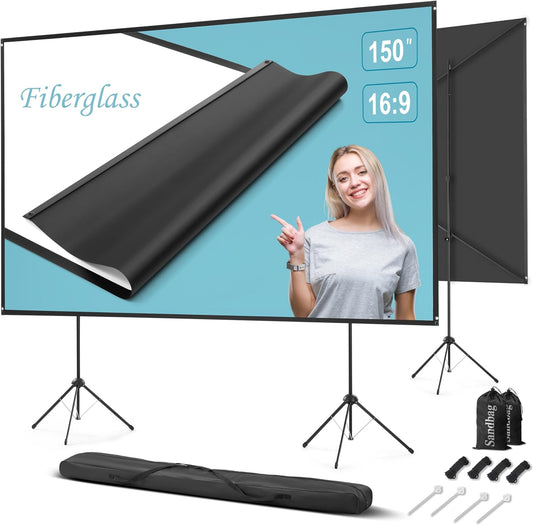 Outdoor Projector Screen with Stand 150 inch 16:9, Portable Projector Screen, 1.5 High Gain Fiberglass, Sturdy Backing, Wind-Resistant Movie Screen, Tripod/Wall Mounted, for Home Cinema/Backyard Party