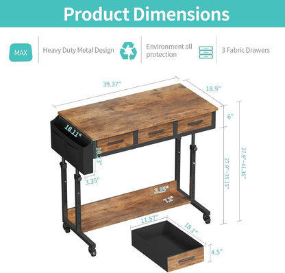 Rolling Standing Desk Adjustable Height with Drawers on Wheels, 40 Inch Portable Mobile Stand Up Computer Desks for Bedroom Home Office, Couch Sofa Side Laptop Table with Storage, Rustic Brown