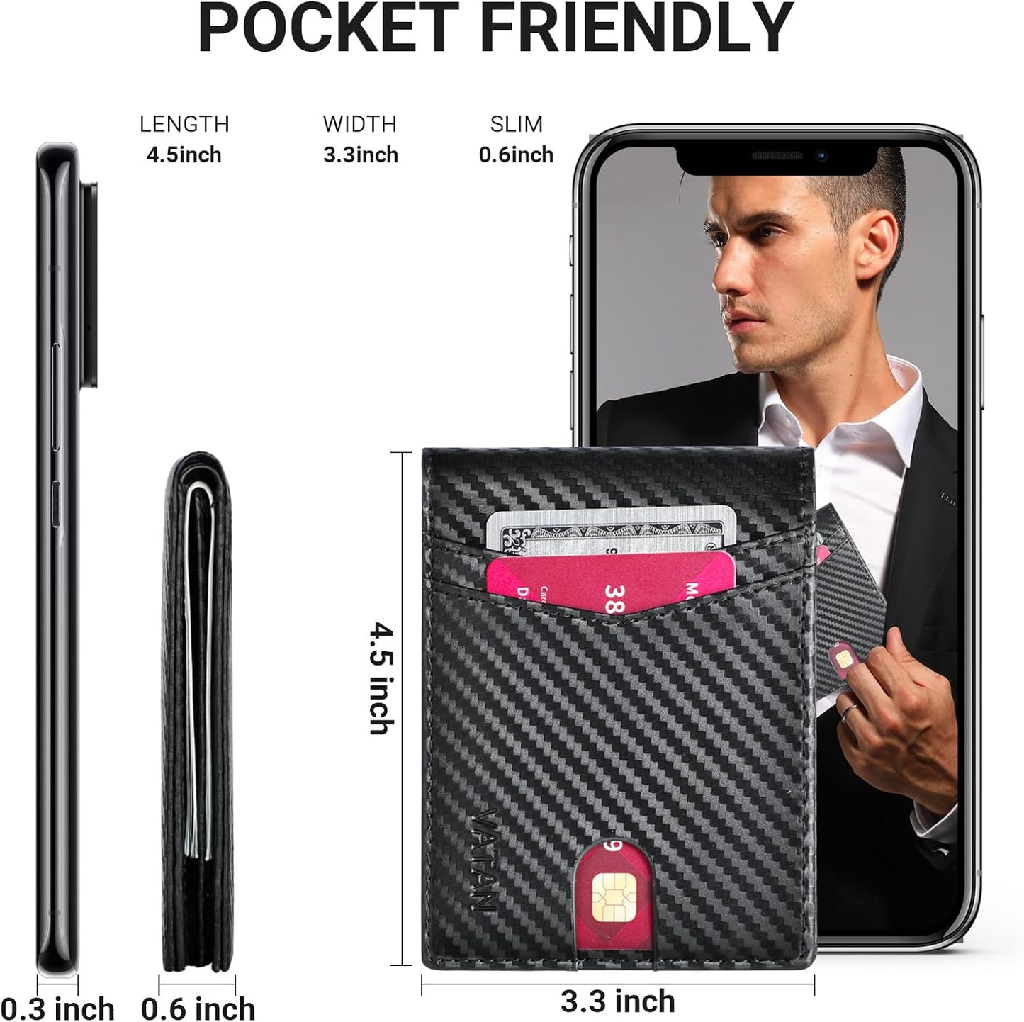 VATAN Wallet for Men, Mens Minimalist Wallet Credit Card Holder, Slim Leather Rfid 2 ID Window Large Capacity With Gift Box (Carbon Fiber Black)