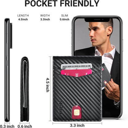 VATAN Wallet for Men, Mens Minimalist Wallet Credit Card Holder, Slim Leather Rfid 2 ID Window Large Capacity With Gift Box (Carbon Fiber Black)