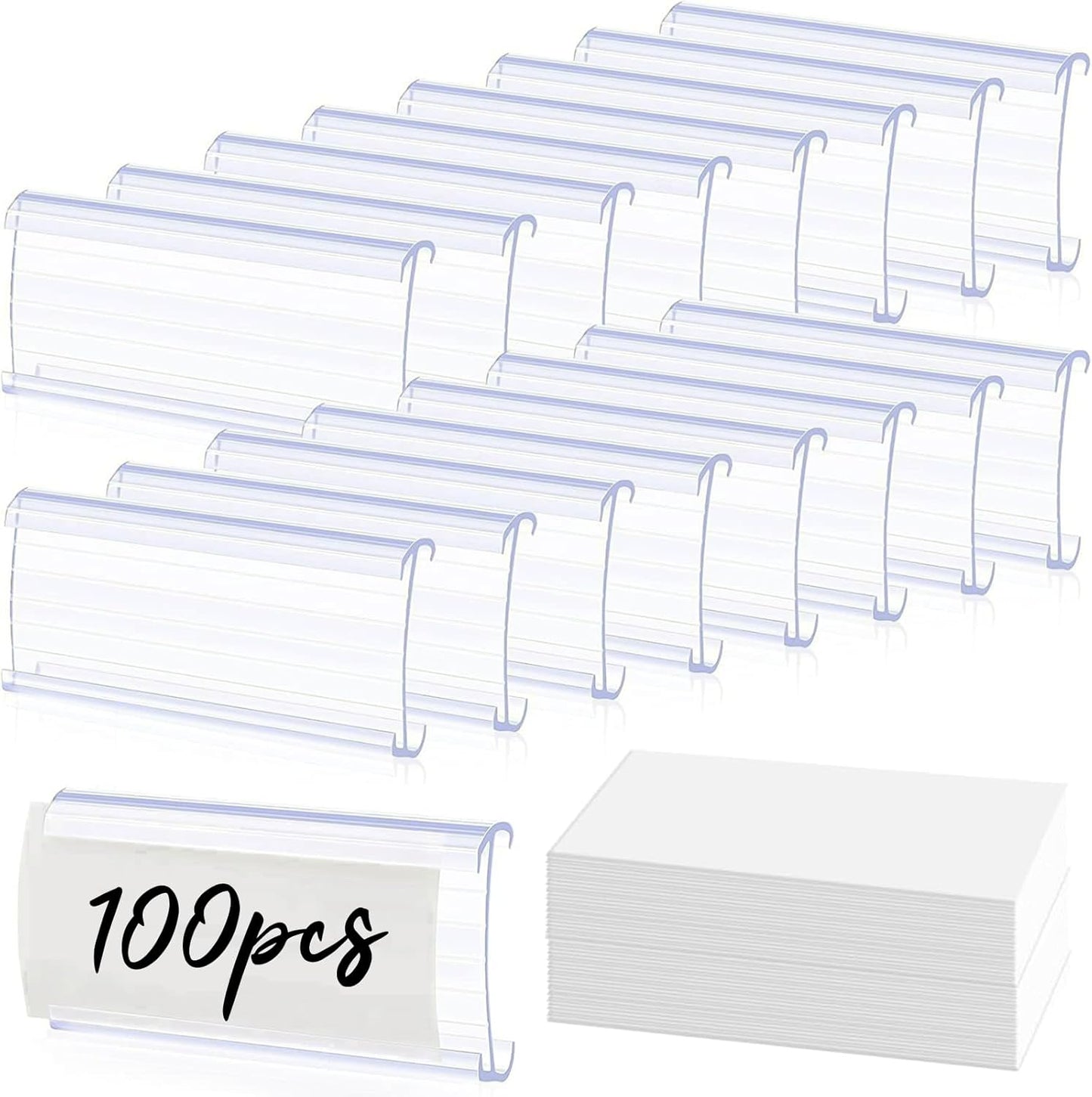 100Pcs Shelf Label Holder, Basket Labels Clip On Shelf Labels for Storage Bins, Wire Shelfs Clips with Labels Paper Inserts Merchandise Sign Display Holder Compatible with 1-1/4 Inch Shelve