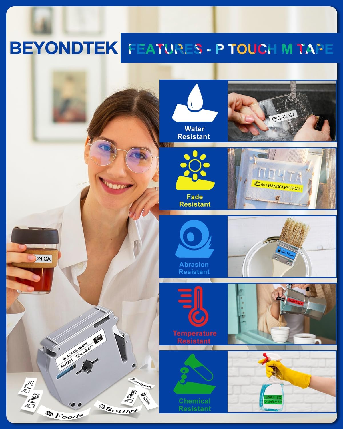 6Pk P Touch M Tape Work with PT-65 PT-70 PT-70BM PT-M95 PTM95 Replace with Brother P Touch M Tape 12mm 0.47 M-K 131 M-K231s 431s 531s 631s 731s for Brother PTouch PT-45 PT-80 PT-90,8m 26.2ft