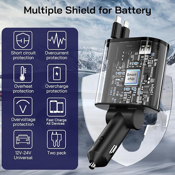 [2 Pack] Retractable Car Charger 4 in 1 Fast Car Phone Charger 69W, USB C Car Truck Accessories Adapter with 2X Retractable Charger Cords and 2X USB Ports for i Phone 17/16/15/14, for Samsung S25/S24