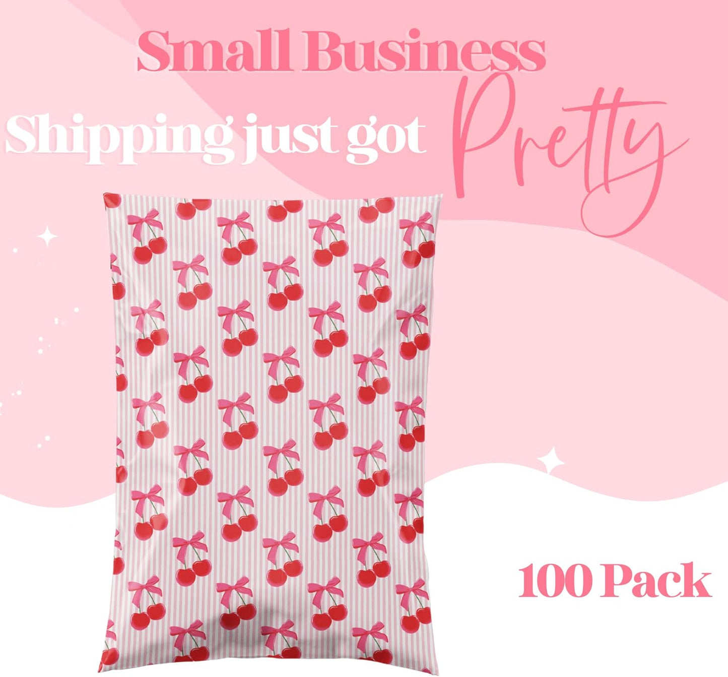 14.5x19 Designer Poly Mailer 100 Pack Heavy Duty Waterproof Self Seal Shipping Bags, Small Business Large Mailing Envelopes Bulk Tear Resistant Packaging Pink Stripe Cherry Fruit