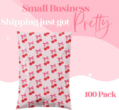 14.5x19 Designer Poly Mailer 100 Pack Heavy Duty Waterproof Self Seal Shipping Bags, Small Business Large Mailing Envelopes Bulk Tear Resistant Packaging Pink Stripe Cherry Fruit