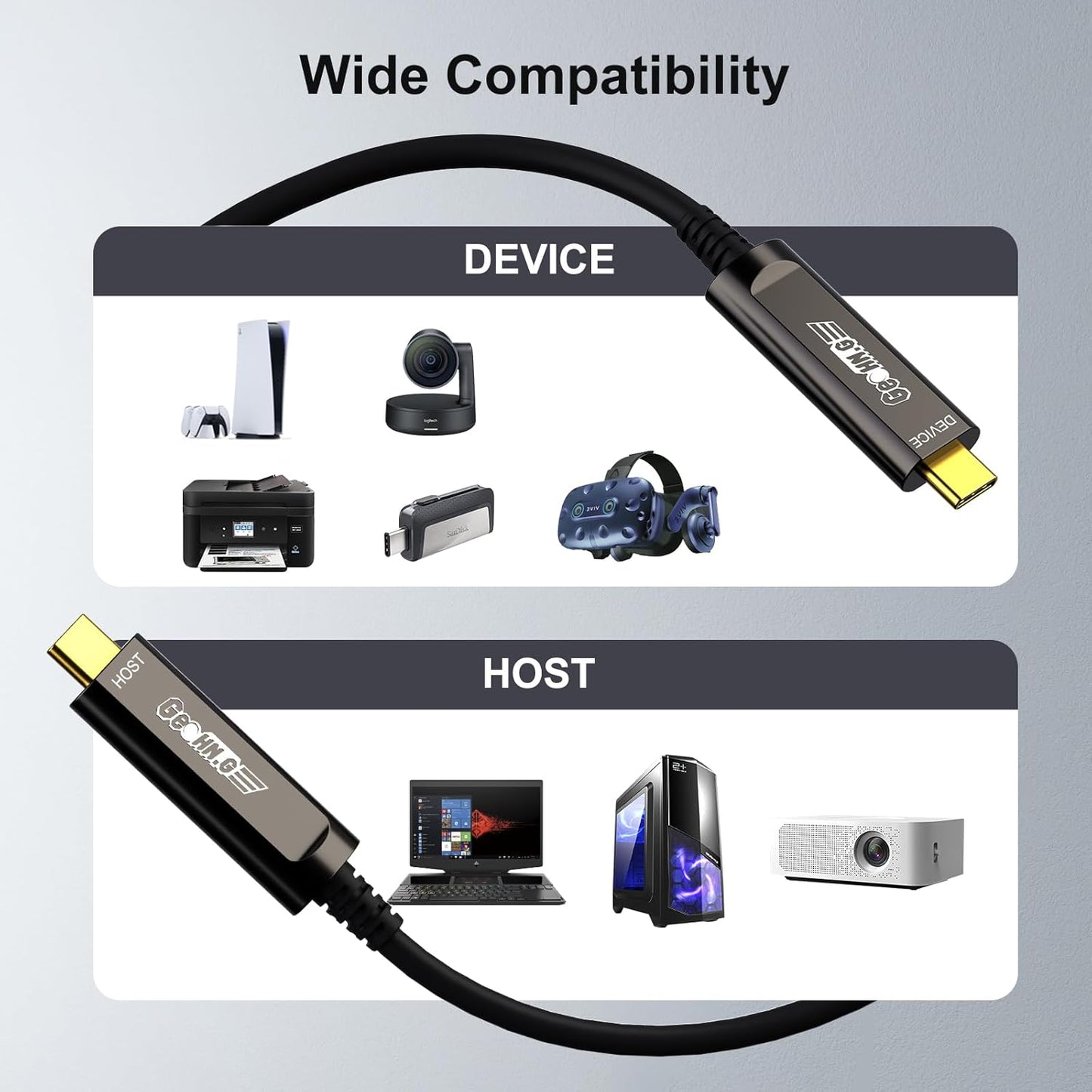 GeoHN.G USB C to C Fiber Optic Cable 20M/65FT, USB 3.2 10Gbps Long Distance Data Transfer USB C Extension Cable for VR, Camera, Mini PC, Laptop, Webcam, Printer and More