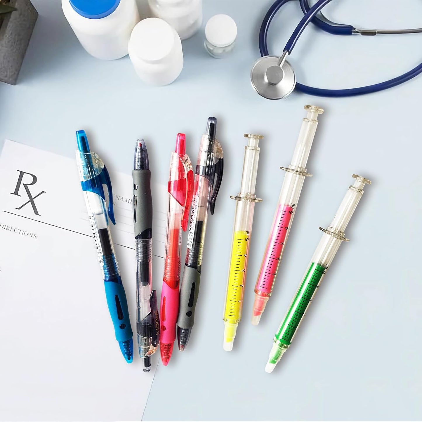 10 Pack Pharmacy Pens Set with 7 Gel Ink Pens(Black/Blue/Red), 3 Syringe Highlighters, Funny Writing Instruments for Nurses Pharmacists Technicians Medical Assistants Students