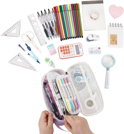 Large Pencil Case Zipper Pencil Pouch for Girls Adults Kids Aesthetic Pencil Bag Organizer Big Capacity Pen Bag with Handle Portable for School Office Purple