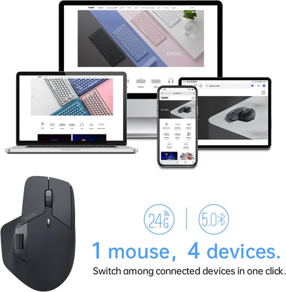 Rapoo MT760Mini Bluetooth Wireless Mouse - Bluetooth 5.0 and 2.4GHz Multi-Mode Connection, Support 4 Devices, M+ Cross Computer Technology, 11 Programmable Buttons, Matte Black