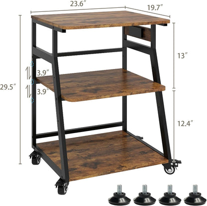 Natwind 23.6"x19.7" Large Printer Stand,3 Tier Printer Table with Charging Station, Rolling Cart with Adjustable Storage Shelf for Home Office Organization, Stand for Heat Press,3D Printer (Retro)