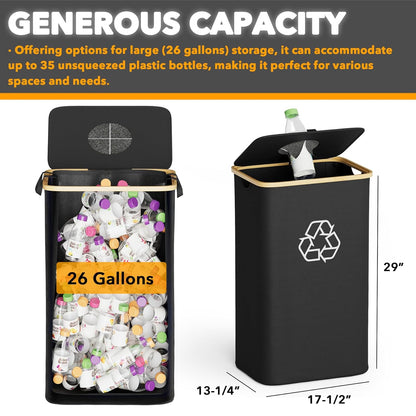 SpaceAid Recycling Bin for Kitchen 26 Gallon, 100L Recycle Bin with Lid and 2 Reusable Inner Bags, for Bottle Can Glass Plastic Stickers, Black