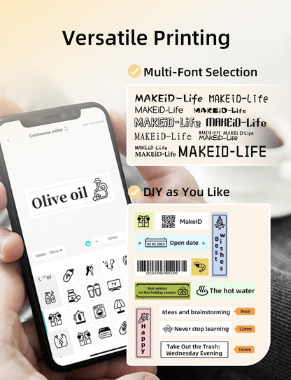 Makeid L1 Label Maker Machine with Tape Includes 3 Label Tapes - Portable & Rechargeable Label Makers Compatible with 9 12 16mm Tape - Mini Bluetooth Labeler for Organizing Office Home School