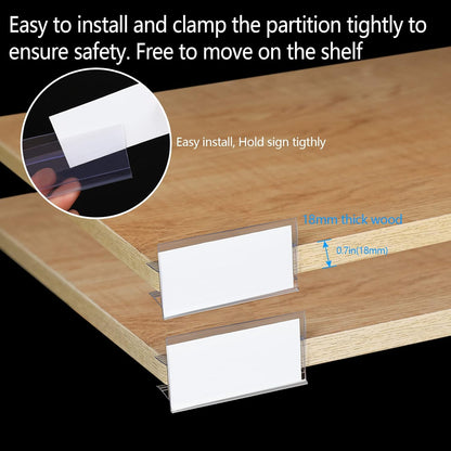 36pcs Wood Shelf Label Holder Plastic Price Tag Holder Supermarket Retail Sign PVC Clear Shelf Label Holder (Includes 50 Pieces Label Inserts) Perfect Fits 18 mm Wooden Shelving.