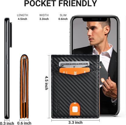 VATAN Wallet for Men, Mens Minimalist Wallet Credit Card Holder, Slim Leather Rfid 2 ID Window Large Capacity With Gift Box (Carbon Black and Orange)