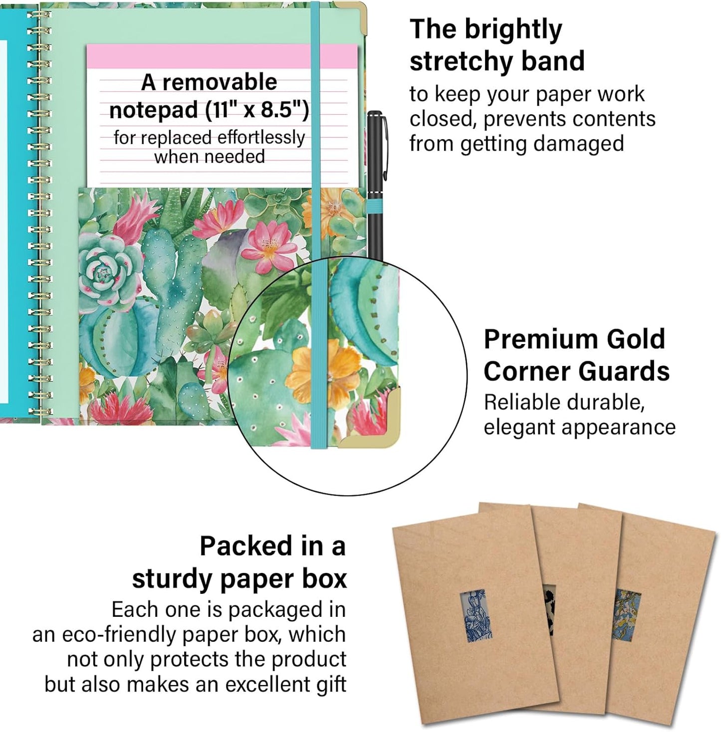 Foldable Clipboard Folio with Storage, 5 Plastic Folders with 10 Pockets,Refillable Lined Notepad (11" x 8.5"), Hardcover Project Organizer Nursing Teacher School Essentials(Cactus Flowers)