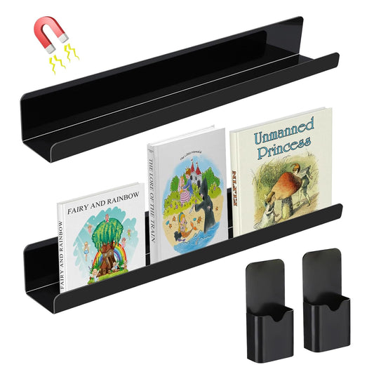 2 Set Acrylic Magnetic Book Shelf & Pen Holder for Whiteboard, 8.8Lbs Bearing Magnetic Books Display Holder for Teacher Classroom Office, Black