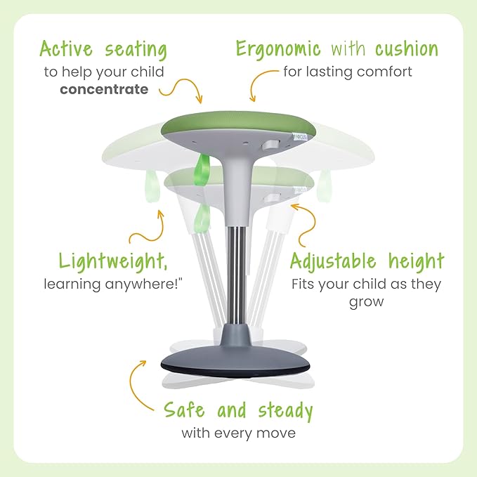 Wobble Stool for Kids Ages 7–12; Adjustable Height Wobble Stools for Classroom Seating with Soft Cushion; Flexible Wiggle Chair for Focus and ADHD Support + Bonus Visual Timer (Nature Green)