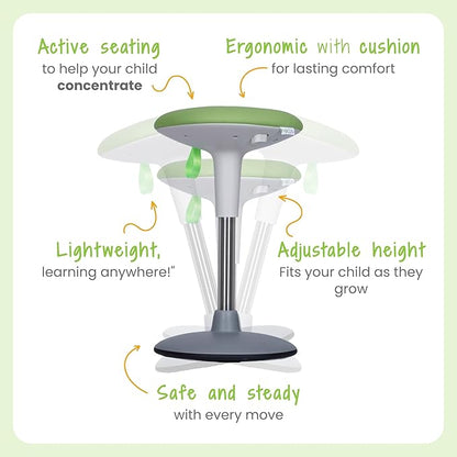 Wobble Stool for Kids Ages 7–12; Adjustable Height Wobble Stools for Classroom Seating with Soft Cushion; Flexible Wiggle Chair for Focus and ADHD Support + Bonus Visual Timer (Nature Green)