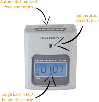 Nile Products - 4500PP Electronic Calculating Time Clock [4500PPK1], Small Business Bundle Includes: 125 Time Cards,1 Ink Ribbon, 2 Security Keys and 1 Ten Pocket Card Rack