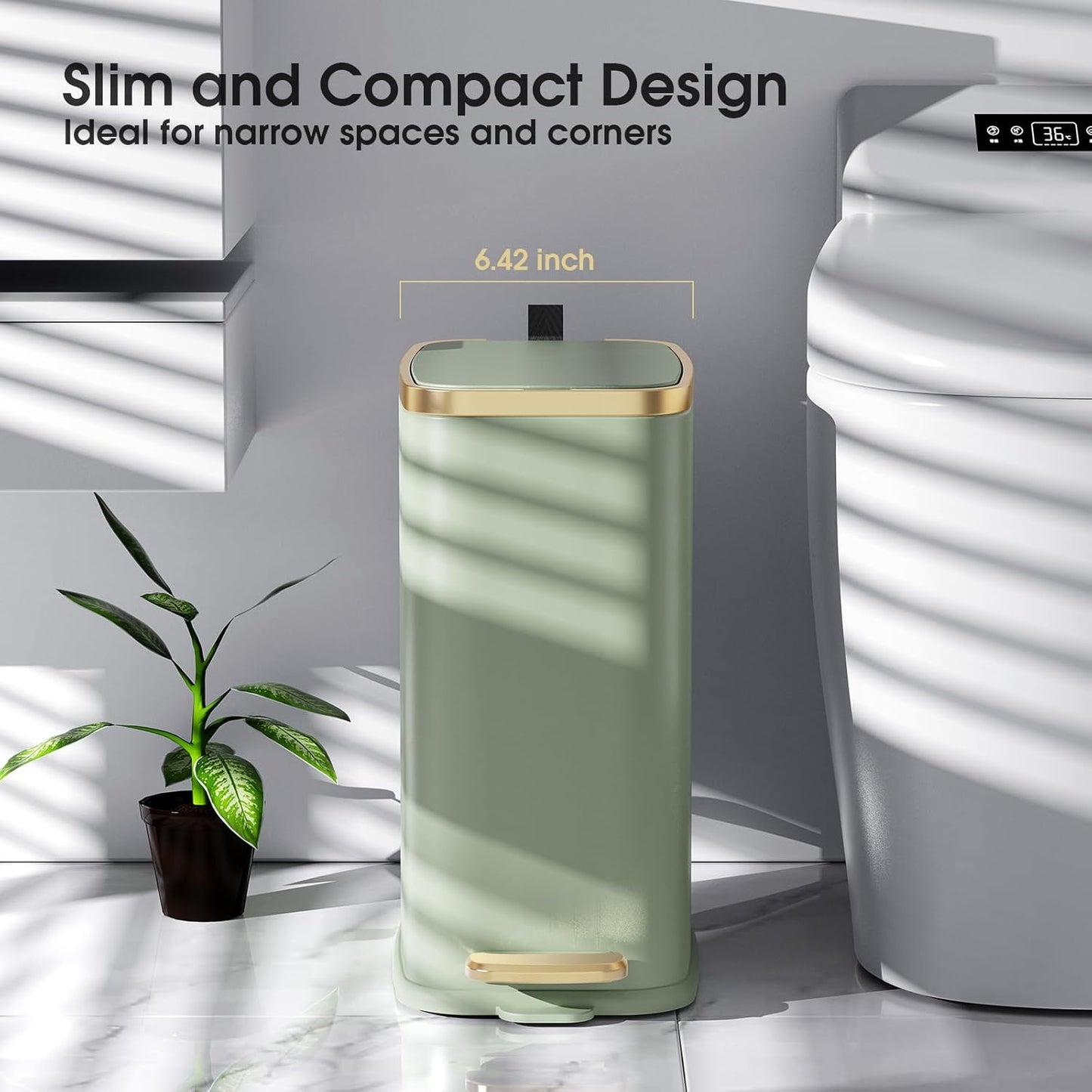 CEROELDA Small Bathroom Trash Can with Lid Soft Close-5L/1.3 Gal Slim Garbage Can-Metal Step Wastebasket-Rectangle Narrow Waste Bin for Office, Bedroom, Toilet, Live Room-Green