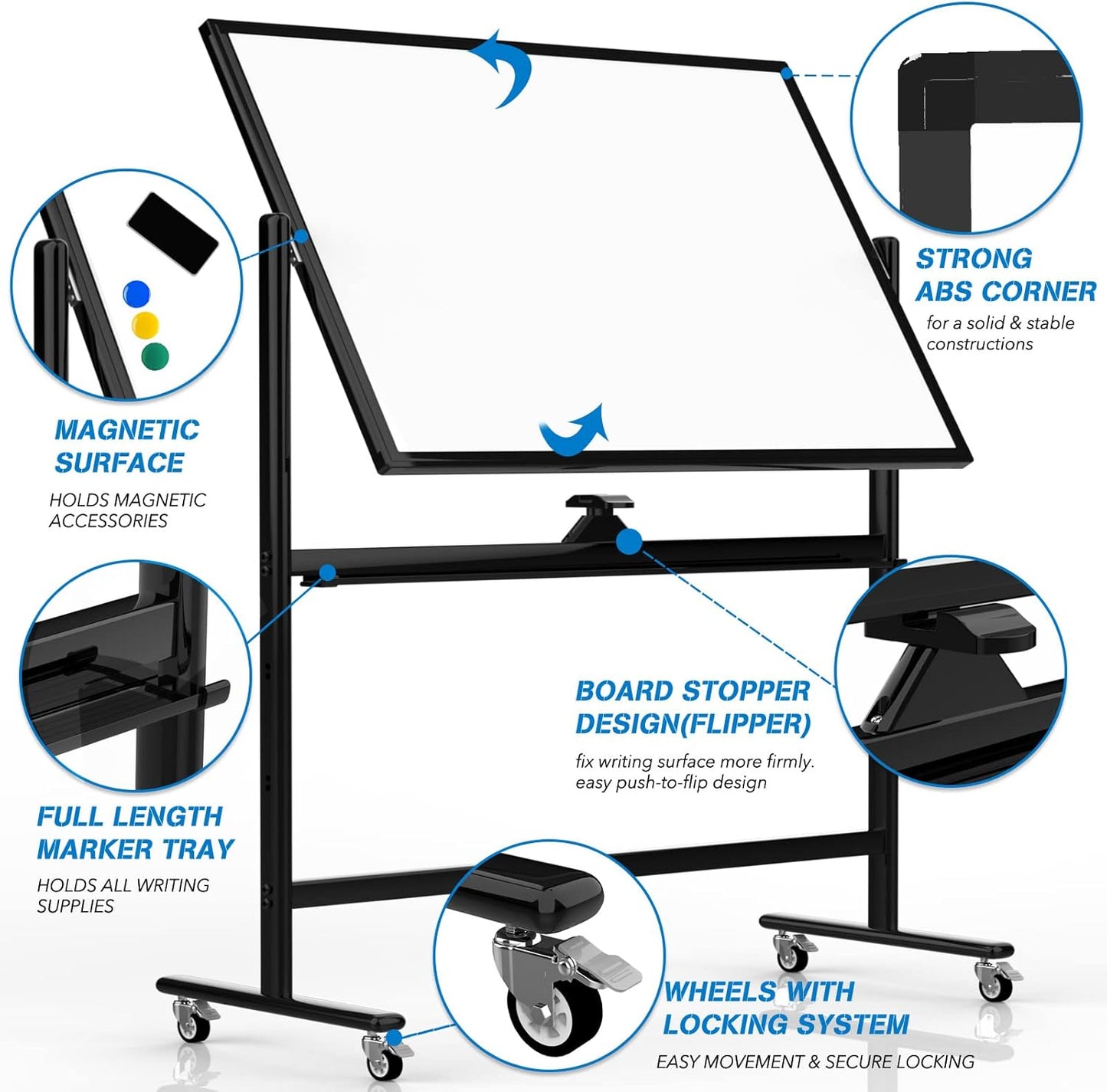 Large Dry Erase Board 48 x 36 Magnetic Non-Foldable Whiteboard with Stand Portable Mobile Rolling Double Sided with Wheels for Office Home Classroom