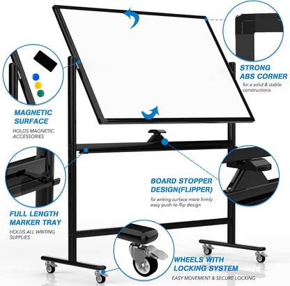 Large Dry Erase Board 48 x 36 Magnetic Non-Foldable Whiteboard with Stand Portable Mobile Rolling Double Sided with Wheels for Office Home Classroom