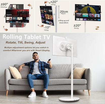 OFD 27 In Portable TV on Wheels 2nd Gen 1080P,Android 15 OS,6GB RAM+128GB ROM,100%sRG Swivel Rotation Smart Touchscreen,Rolling TV with 4K Webcam,USB-A-Remote,9000mAh Battery,EDLA-Certified,Off White