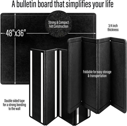 Large Bulletin Board 48 x 36 Inches - Foldable Felt Bulletin Board for Wall, Cork Board Alternative with 100 Color Pins & 6 Note Pads, Vision Board - Black