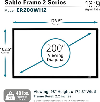 Elite Screens 200 inch Projector Screen 16:9, Wall Mounted Fixed Frame , 8K/4K UHD & Active 3D Ready, ISF-Certified Material for Home Theater, Office & Indoor Presentations, Sable Frame 2, ER200WH2