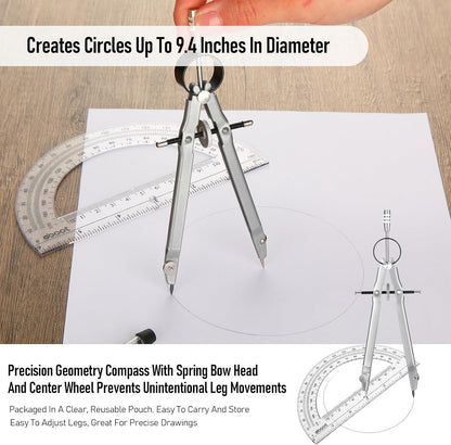 EBOOT Student Geometry Math Set, Drawing Compass and 6 Inch Clear Swing Arm Protractors 180 Degree Math Protractor (Silver)