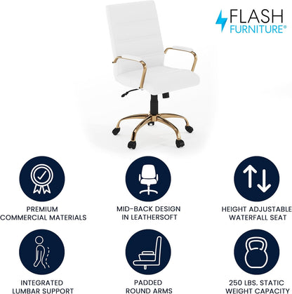Flash Furniture Whitney Mid-Back Swivel LeatherSoft Desk Chair with Padded Seat and Armrests, Adjustable Height Padded Office Chair, White/Gold