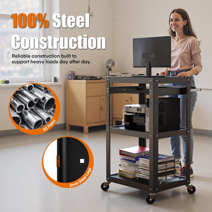 AV Presentation Cart Stand for Video Projector,TV,Laptop Computers,Printers,Metal Construction Rolling Cart with Adjustable Shelves,4 Wheels,4 Outlets, 5.75ft Cord,Support 300 lbs,Black