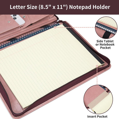 Personalized Vegan Leather Portfolio with Hidden Handle, Zippered Front Pocket, 8.5 x 11 Notebook Holder, Custom Business Legal Padfolio Travel Folio for Women, Pink