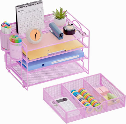 Marbrasse 4-Trays Desk File Organizer with 2 Pen Holder, Desktop Hanging File Holder with Drawer, Paper Letter Tray Organizer (Purple)