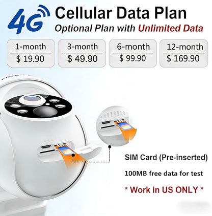 4G LTE Cellular Security Camera Includes 64GB Memory Card & SIM Card(Support Verizon/AT&T/T-Mobile), No WiFi Security Camera Solar Powered with 360° Live View, 2K Color Night Vision