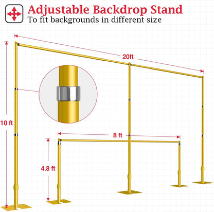 EMART Backdrop Stand Heavy Duty 10ftx20ft, Adjustable Pipe and Drape Photo Background Support Kit, Metal Frame with Flat Base for Wedding Birthday Party Banquet Decorations-Gold