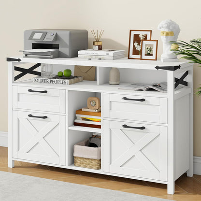 Farmhouse Filing Cabinet with Adjustable Shelf for Home Office, Lateral File Cabinets 4 Drawers with Open Storage Shelf, Filing Organization Storage Cabinets for Hanging Files Letter/A4.(White)