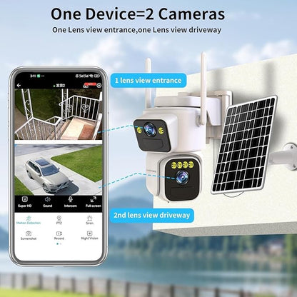 Dual Lens Outside Cameras for Home Security Cameras 4 Pack,2.4G & 5G WiFi,Solar Battery Powered Camera with AI Motion Siren,SD/Free Cloud Storage,No Monthly Fee,Color Night Vidion,Waterproof