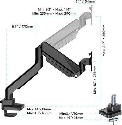 ARES WING Single Monitor Arm, Heavy Duty Adjustable Monitor Arm for 13"-45" Screens with USB, Gas Spring Desk Mount Stand with C Clamp/Grommet Mounting Base up to 40lbs Computer, Black