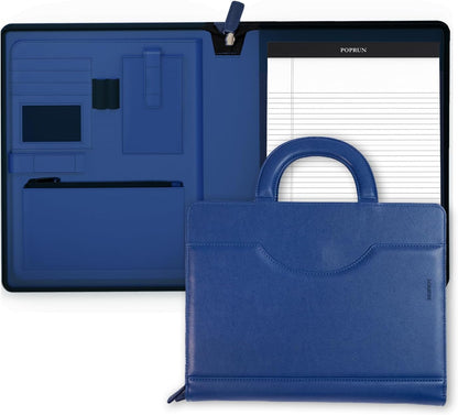 POPRUN Portfolio Binder with Zipper, Leather Padfolio Document Organizer with Storage, Professional Business Briefcase Ideal for Meeting Presentation Work-Includes 50 Sheet Writing Pad, Blue