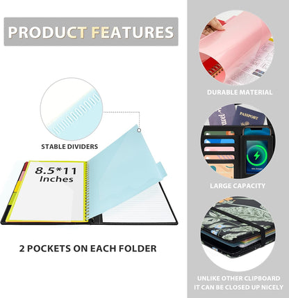 Clipboard with Storage for Men Women, Leather Padfolio Portfolio Organizer 5 Folders with 10 Pockets, Spiral Clipboard Folio with Notepad for Letter Size, Elastic Closure and Pen Loop Floral