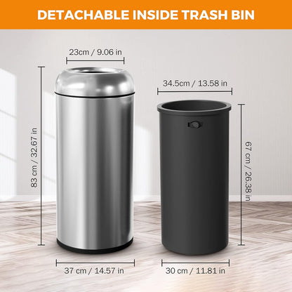 BEAMNOVA 16.5 Gallon Trash Can Black Open Top Large Outdoor Indoor Commercial Stainless Steel Industrial Waste Basket Container, Metallic Garbage Enclosure with Lid