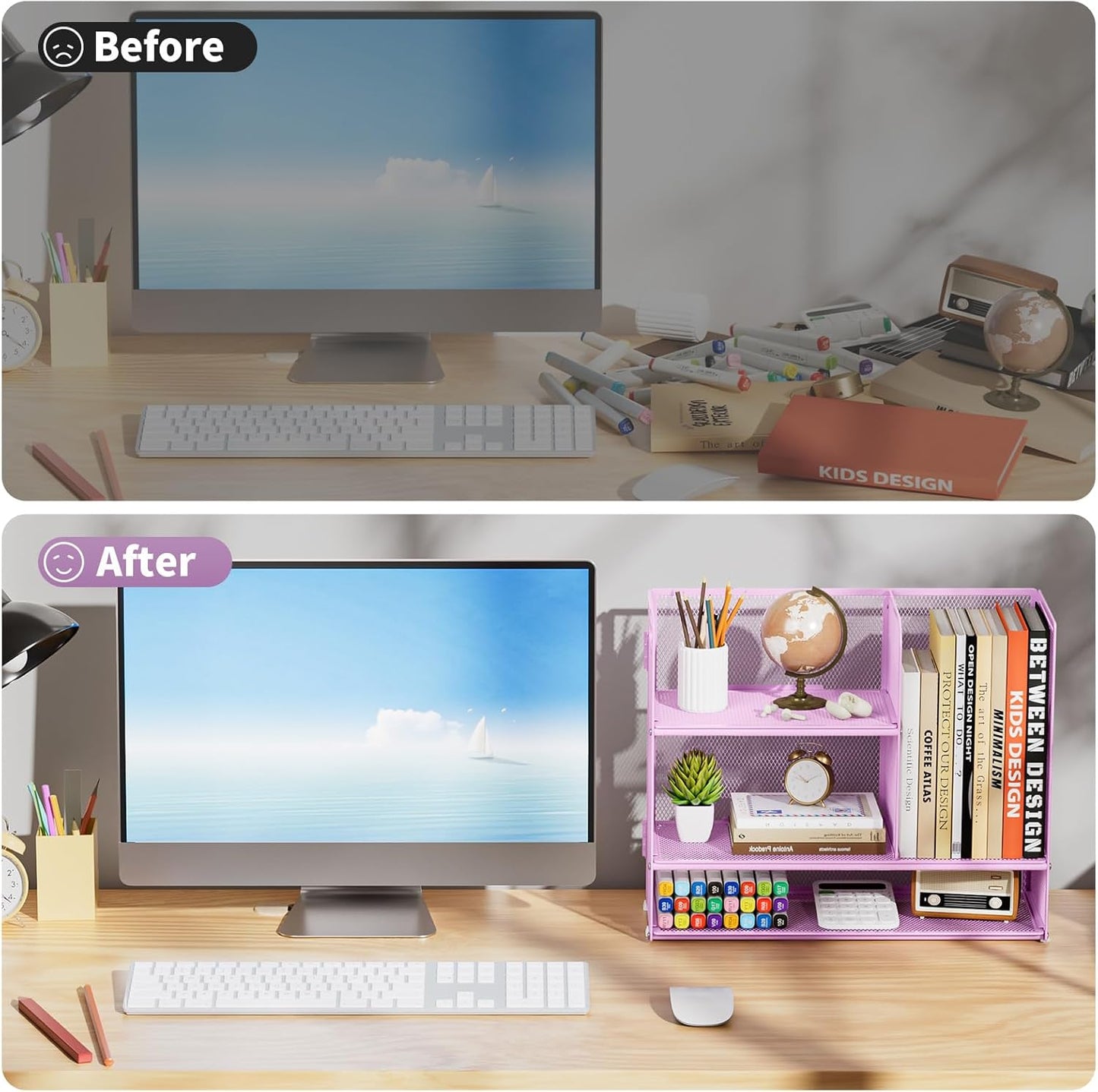 Marbrasse 3-Tier Desk Shelf Organizer with Handle, Desktop Bookshelf File Holder, Mesh Display Shelf Organizer Storage Rack for Office, Home, Supplies, Kitchen (Purple)