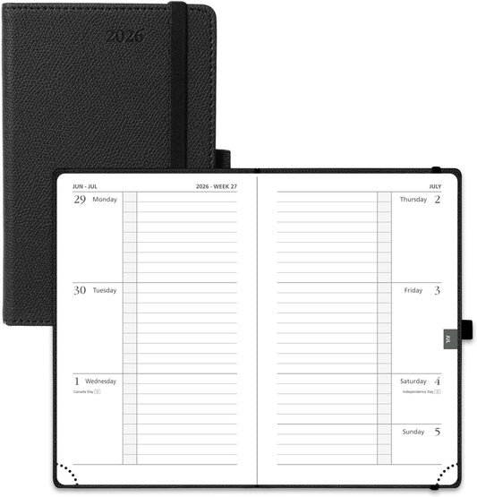 POPRUN Weekly Planner 2026 Calendar (Pocket 4'' x 6.25'') 12 Months Notebook with Horizontal Layout, Leather Hardcover, Inner Pocket, 100GSM Thick Paper, Pen Holder - Black