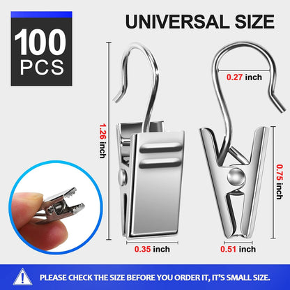 Teenitor 100 PCS Small Curtain Hooks Curtain Clips Bag Clips, Stainless Steel Curtain Rod Hooks, S Hooks for Hanging Drapes Photos Tent Lights Party Decorations Art Craft, Silver