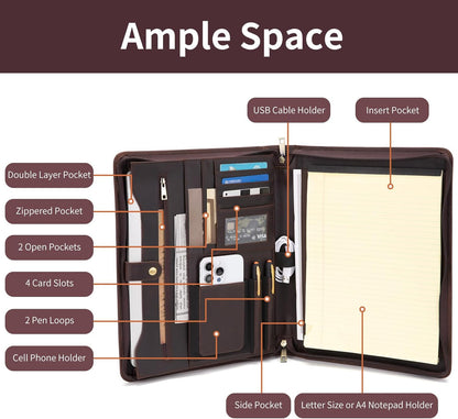 Genuine Leather Portfolio for Women and Men, 8.5 x 11 Legal Pad Padfolio, Zippered Notebook Organizer for 13” Laptop, Business Executive Professional Folio for Work, Dark Brown