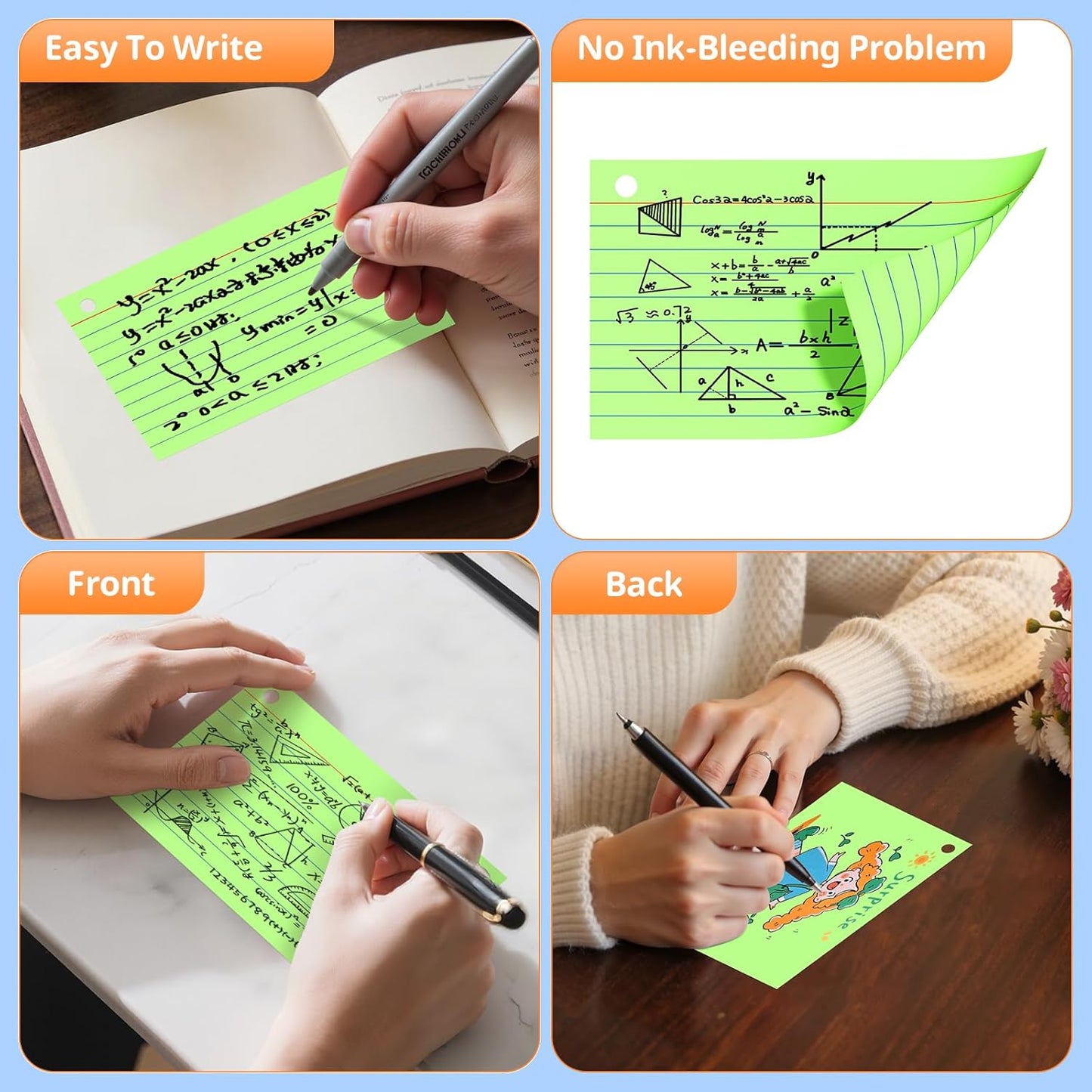 Index Cards 3x5 Inches, 300 PCS, Green Flash Cards With Ring, Punched Lined Study Card Ruled Flashcards Notecards, Ruled Front And Blank Back, Note Card for School, College And Home